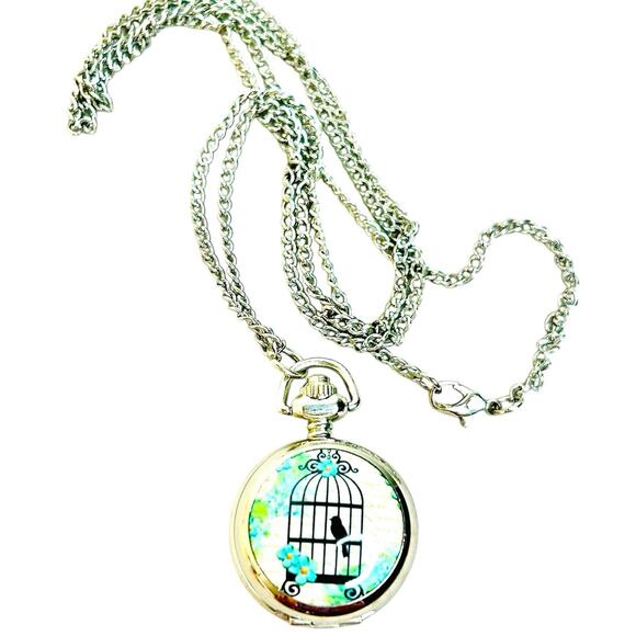 Bird Cage Graphic Enamel Quartz Locket Watch on Silver Tone Chain Necklace - Picture 1 of 4